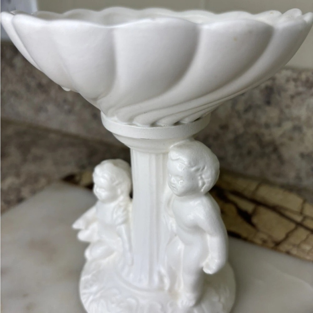Charming White Ceramic Pedestal Bowl with Cherub Design - Picture 3 of 6
